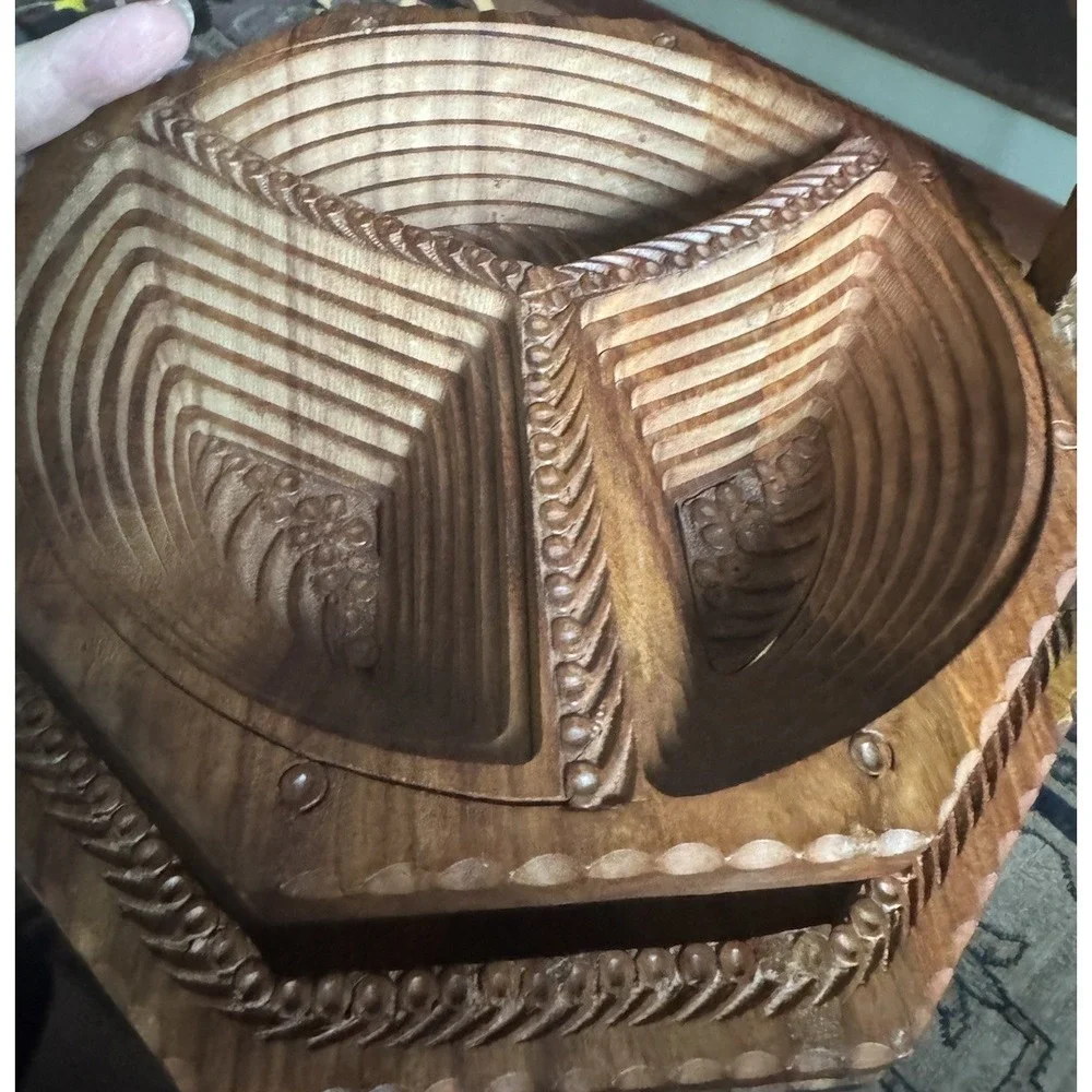 Vintage 1970s Afghanistan Hand Carved Wooden Collapsible Basket